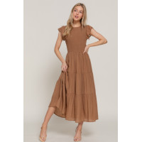 Ruffle Slv Smocked Solid Tired Dress