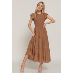 Ruffle Slv Smocked Solid Tired Dress