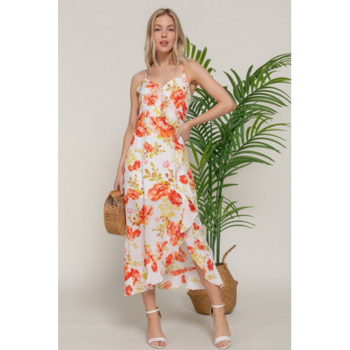 Floral Print Ruffle Slip Midi Dress