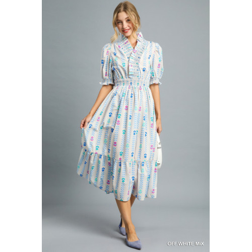Vibrant Ruffle Smocked Midi Dress