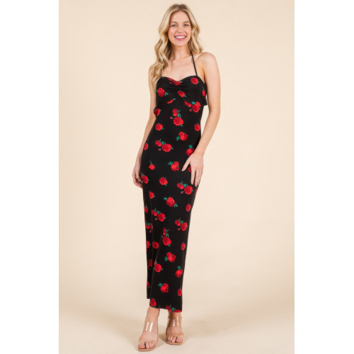 Sweet Heart Gathered Open Back Print Midi Dress