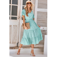 V Neck Ruffles Tiered Sleeve Smocked Midi Dress