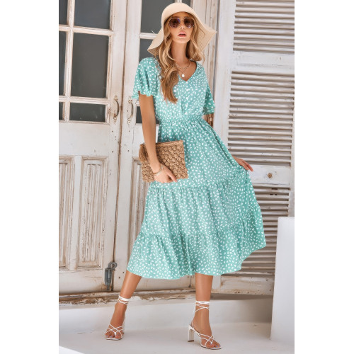 V Neck Ruffles Tiered Sleeve Smocked Midi Dress