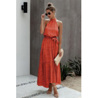 Tie Back Polka Dot Ruffle Hem Halter Dress