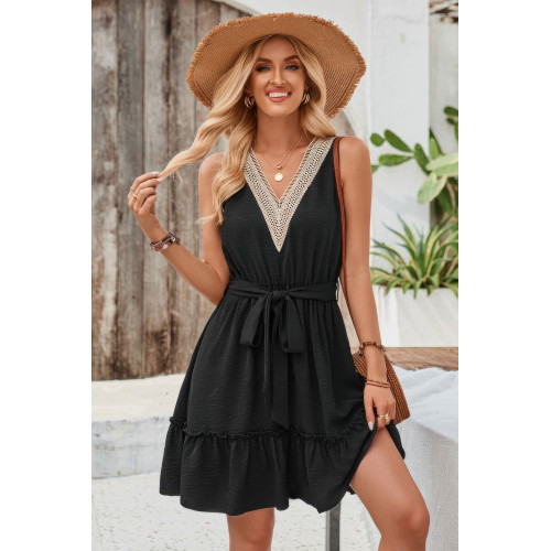 V Neck Sleeveless Belted A-line Tiered Dress