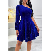 One Shoulder Velvet Lantern Sleeve Cinched Dress