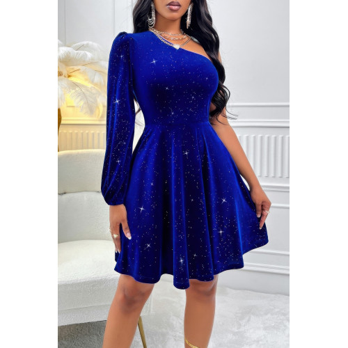 One Shoulder Velvet Lantern Sleeve Cinched Dress