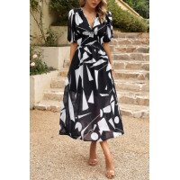 Bohemian V Neck Elastic Waisted Band Midi Dress