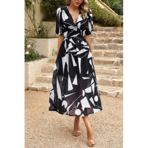 Bohemian V Neck Elastic Waisted Band Midi Dress