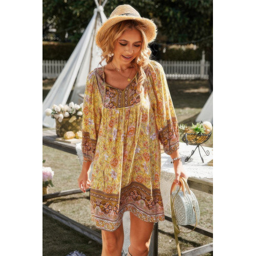 Floral V Neck Long Sleeve Boho A Line Dress