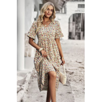 Boho Floral Ruffle Hem V Neck Short Sleeve Dress