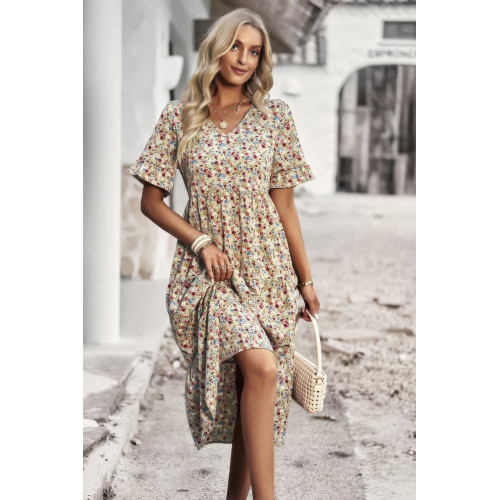 Boho Floral Ruffle Hem V Neck Short Sleeve Dress