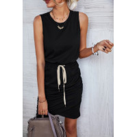 Solid Drawstring Waist Ruched Sleeveless Mid Dress