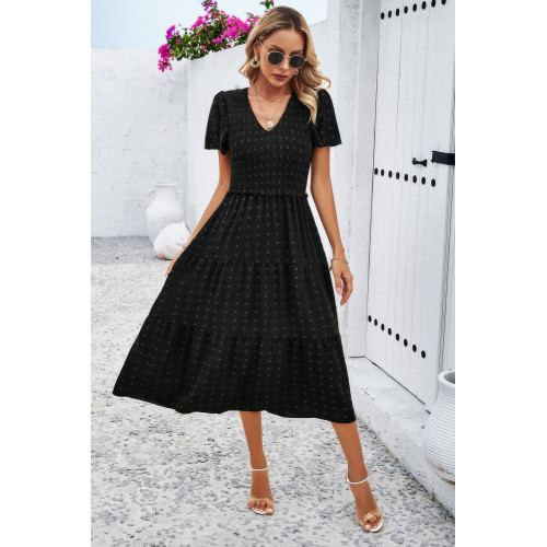 Elegant Ruched V Neck Short Sleeve Pleated Dress