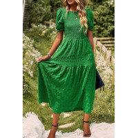 Pleated Tiered Solid Short Puff Sleeve A Line Dres