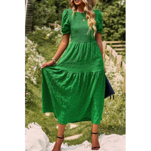 Pleated Tiered Solid Short Puff Sleeve A Line Dres