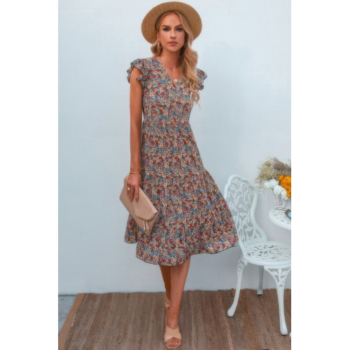 Boho Floral V Neck Ruffle Sleeve A Line Midi Dress