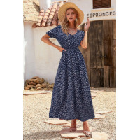 Allover Print Puff Sleeve Ruched Shirred Dress
