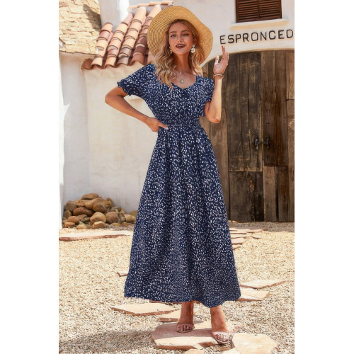 Allover Print Puff Sleeve Ruched Shirred Dress