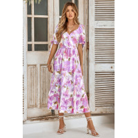 Floral Paint Short Sleeve Tie Cuff Surplice Dress