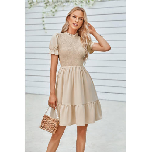 Solid Puff Sleeve Shirred Detail Ruffle Hem Dress