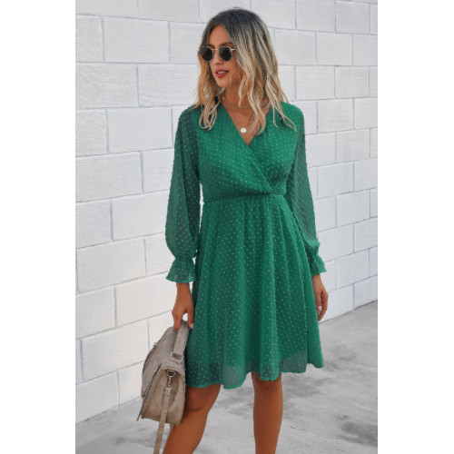 Solid Swiss Dot Flounce Sleeve Shirred Midi Dress
