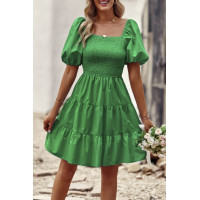 Square Neck Ruched Balloon Sleeve Smocked Midi Dress