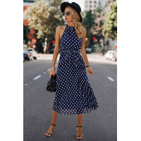 Dot Print Open Shoulder Fit Knot Belt Dress