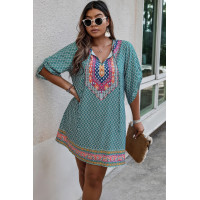 Plus Size V Neck Printed Loose Fit Midi Dress