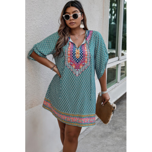 Plus Size V Neck Printed Loose Fit Midi Dress