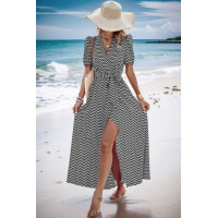 Dot Print Open Front Belt Knot V Neck Dress