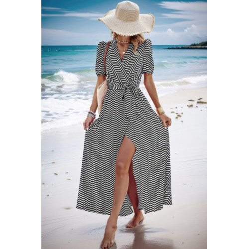 Dot Print Open Front Belt Knot V Neck Dress