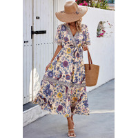 Floral Print Lace Trim Cross Belt A Line Dress