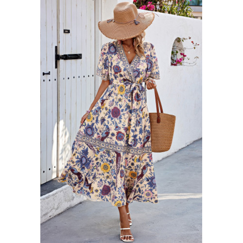 Floral Print Lace Trim Cross Belt A Line Dress