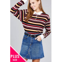 Ladies fashion plus size long sleeve multi striped dty brushed shirts