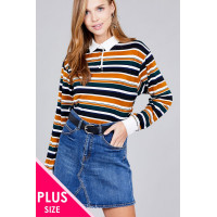 Ladies fashion plus size long sleeve multi striped dty brushed shirts