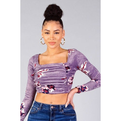 Ruched Velvet Floral Back Tie Crop Top
