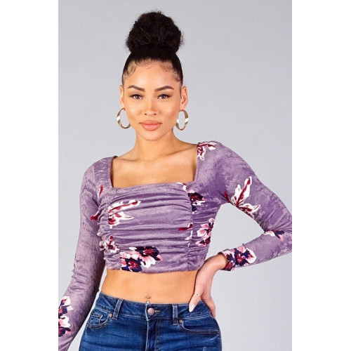 Ruched Velvet Floral Back Tie Crop Top