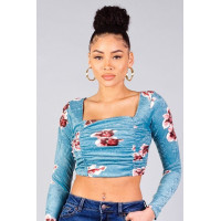 Ruched Velvet Floral Back Tie Crop Top