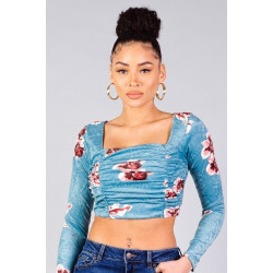 Ruched Velvet Floral Back Tie Crop Top