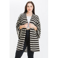 Striped, Cardigan With Kimono Style Sleeves