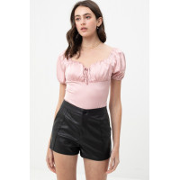 Satin Bodysuit With Front Neck Tie And Scooped Neck