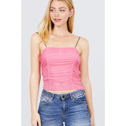 V-neck W/shirring Detail Elastic Strap Mesh Cami Top