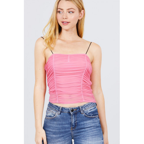 V-neck W/shirring Detail Elastic Strap Mesh Cami Top