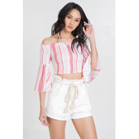 Striped Off-the-shoulder Gauze Crop Top