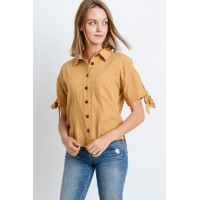 Short Sleeve Button Up Top With Tie Sleeve