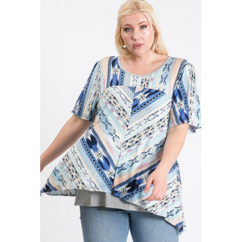 Short Sleeve Aztec Patterned Layered Top