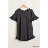 Short Ruffle Frayed Hem And Round Neck Dress With Pockets