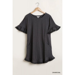 Short Ruffle Frayed Hem And Round Neck Dress With Pockets
