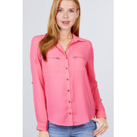 3/4 Roll Up Sleeve Pocket W/zipper Detail Woven Blouse